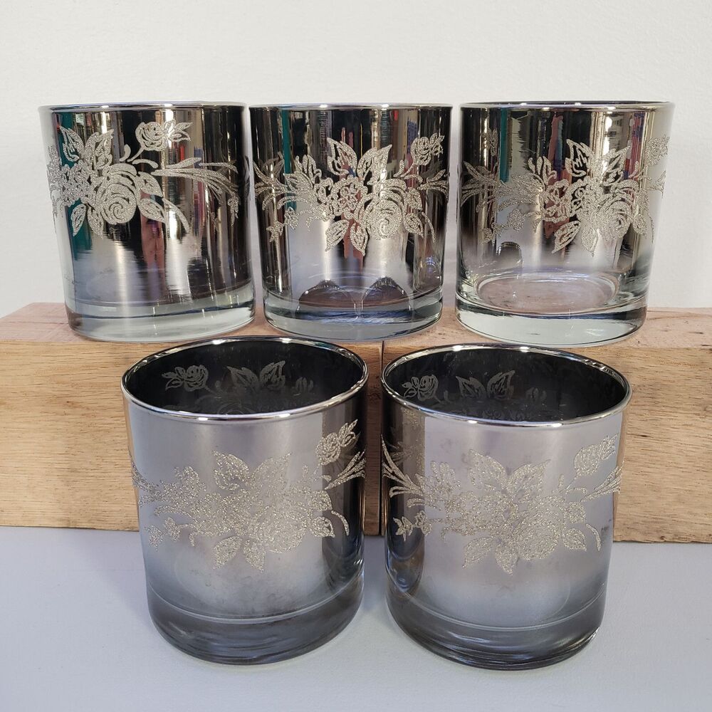 Queen's Lusterware Silver Fade Rimmed Low Ball Glasses 5 Tumblers Roses MCM